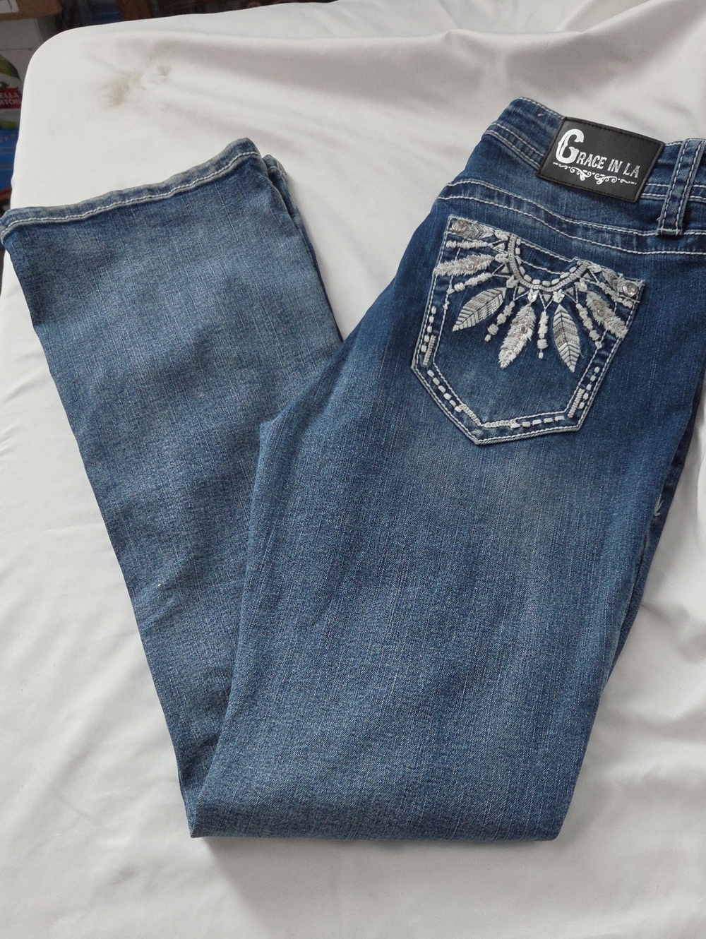 Grace in LA Dark Blue Embroidered Boot Cut Jeans